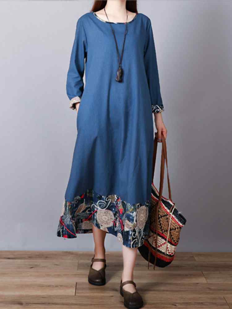 Print Patchwork Long Sleeve Loose Vintage Dresses