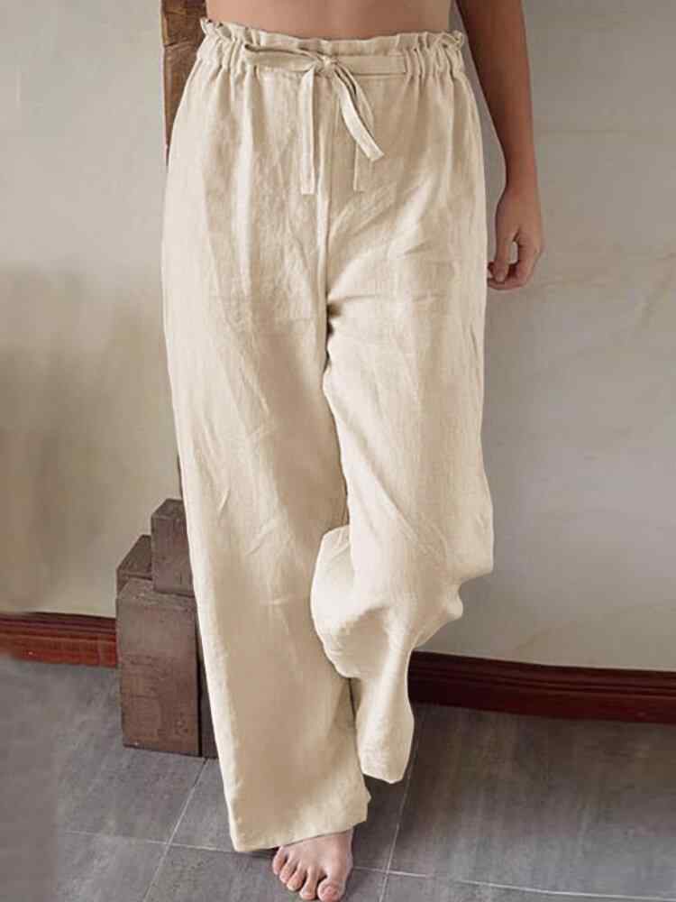 Solid Color Lace-up Wide-Legged Elastic Waist Cotton Pants