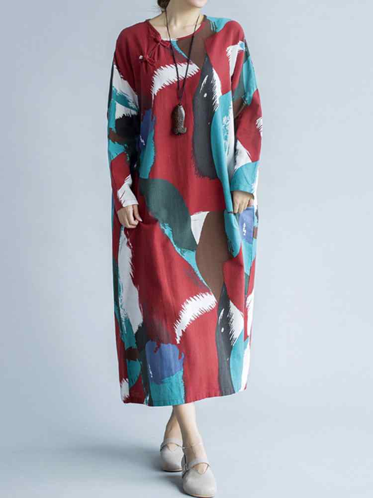 Vintage Printed Long Sleeve Plate Buckles Long Maxi Dresses