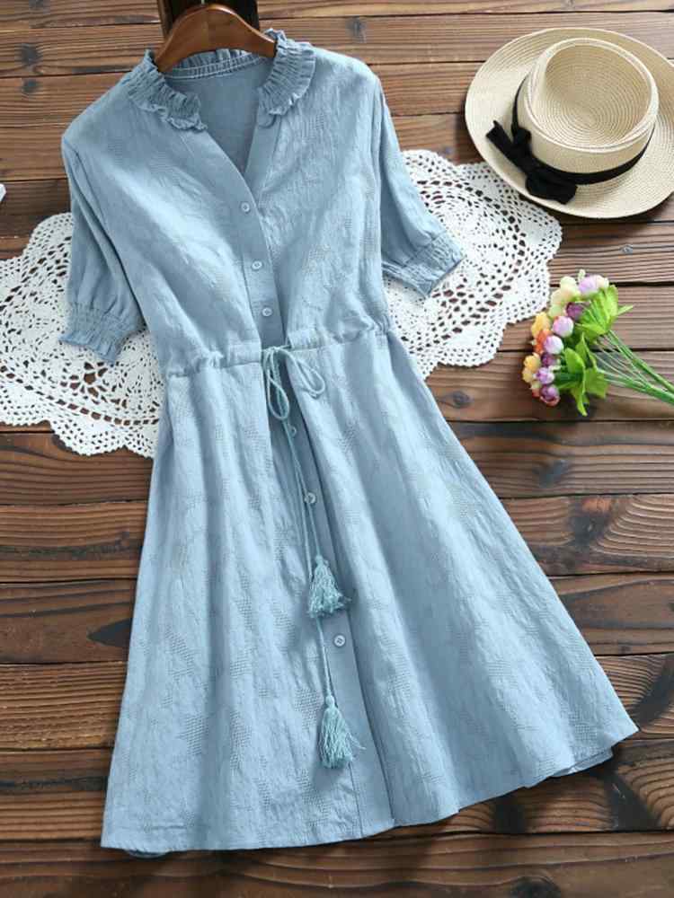 Jacquard Tassels Drawstring Waist Short Sleeve Vintage Dresses