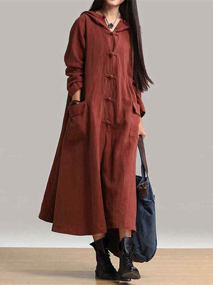 Vintage Frog Button Long Sleeve Hooded Midi Coat Dress