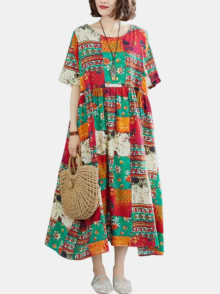 Patch Printed O-neck Short Sleeve Midi Dress