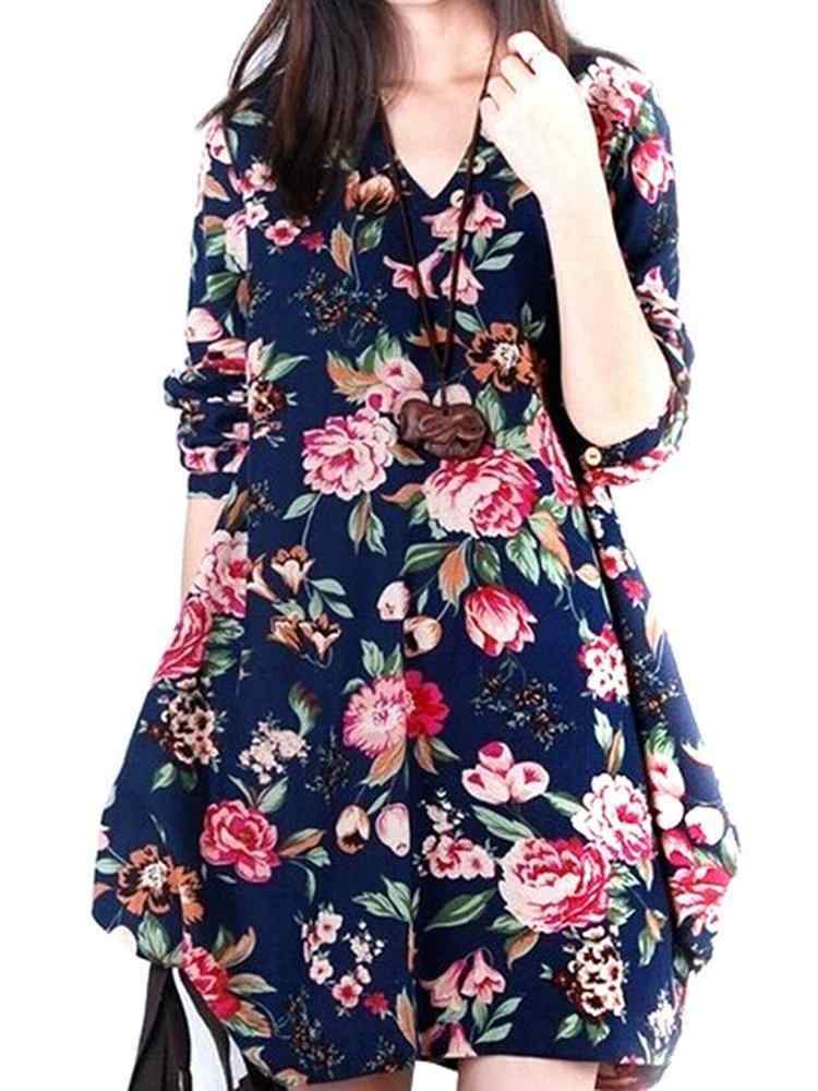 Vintage Floral Printed V Neck Asymmetry Hem Long Sleeve Loose Women Dress