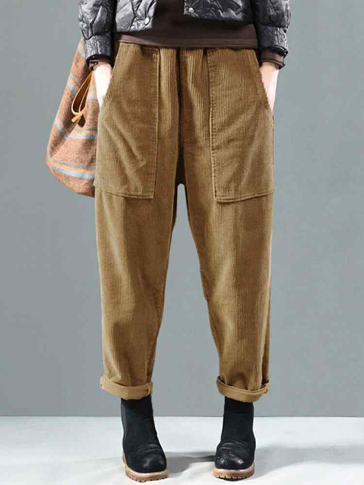 Solid Color Side Pockets Elastic Waist Corduroy Pants